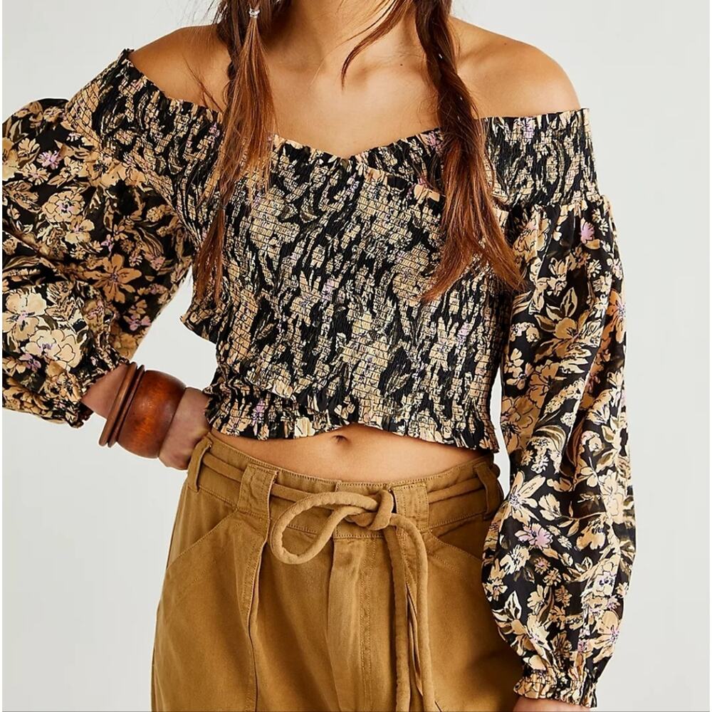 Free People East To West Smocked Off Shoulder Top Black Gold Floral Blouse M FP - Picture 2 of 14
